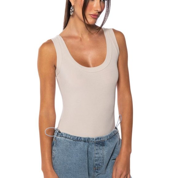 Cream Khaki Scoop Neck Rubbed Bodysuit - Picture 3 of 11